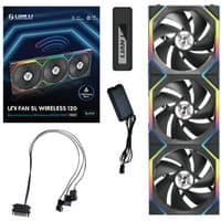 Black Lian Li UNI FAN SL Wireless 120mm computer fans, RGB lighting, three-pack, with cables and controller.
