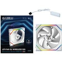 Lian Li white 120mm wireless computer fan with RGB lighting and sleek design, shown with packaging and connector.