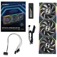 Black Lian Li UNI FAN SL Wireless LCD 120mm computer fans, RGB lighting, three fans with cables and packaging.