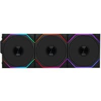 Black Lian Li UNI FAN TL 12 cm computer case fan with RGB lighting and three circular fan blades.