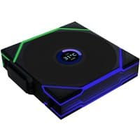 Black Lian Li Uni Fan TL140 LCD with RGB edges, circular LCD display at center, 14 cm size, wireless design.