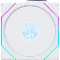 White Lian Li Uni Fan TL140 LCD with RGB edges, central LCD displaying temperature, 14 cm wireless computer case fan.