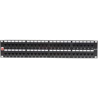 Black Lindy 19" CAT6 2U 48 Port RJ-45 Patch Panel, unshielded, with rows of numbered ports and mounting brackets.