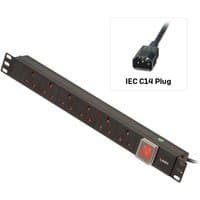 Lindy 1U horizontal PDU with 6 UK sockets, black casing, red switch, and IEC C14 cable plug.