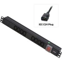 Black Lindy 1U horizontal PDU with 8 IEC sockets, red switch, and 3m IEC mains cable with C14 plug.