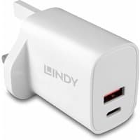 White Lindy 20W USB Type A and C charger with UK plug, compact design, and dual port for versatile charging.