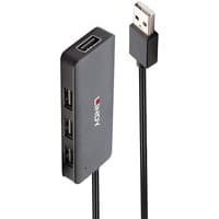 Black Lindy 4 Port USB 2.0 Hub with three side ports, one top port, and attached USB cable.