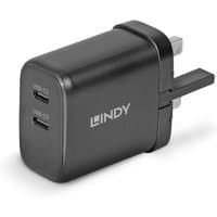 Black Lindy 65W USB charger with dual Type C ports and UK plug, featuring Lindy logo on the side.