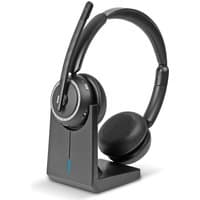 Black Lindy L118 wireless noise cancelling headset with cushioned ear pads on sleek charging base.
