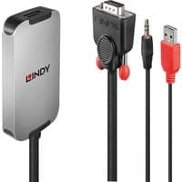 Lindy VGA to DisplayPort 1.2 Converter, silver casing, VGA connector, USB and audio cables attached.