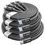 Four braided gray LISEN USB C to USB C cables in varying lengths with labeled Velcro straps.