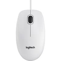 White Logitech B120 optical mouse with scroll wheel, wired connection, and Logitech logo on the front.