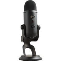 Black Logitech G Blue Yeti USB mic with cylindrical body, adjustable stand, and front control buttons.
