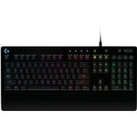 Black Logitech G213 Prodigy gaming keyboard with RGB backlit keys and media controls.