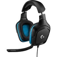 Black and blue Logitech G432 gaming headset with over-ear design and attached boom microphone.