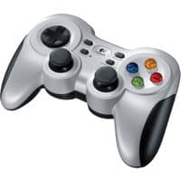 Silver Logitech G Wireless Gamepad F710 with dual joysticks, D-pad, and colored buttons.