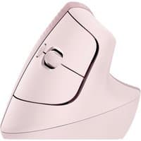 Pink Logitech Lift Vertical Ergonomic Mouse with side buttons and scroll wheel.