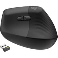 Black Logitech Lift Vertical Ergonomic Mouse with ribbed grip and USB receiver.