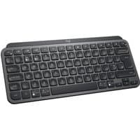 Compact black Logitech MX Keys Mini keyboard with rounded keys and wireless connectivity.