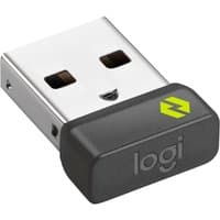 Black Logitech USB receiver with "logi" text and green logo on the end.