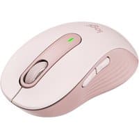 Pink Logitech Signature M650 wireless mouse with scroll wheel, side buttons, and green LED indicator.