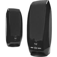 Black Logitech S150 speakers with rectangular shape, mesh front, and control buttons at the base.