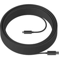 Black Logitech Strong USB 10m cable, coiled with USB-C and USB-A connectors, durable and thick design.