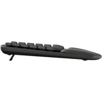 Black Logitech Wave Keys keyboard with ergonomic wave design and adjustable tilt legs.