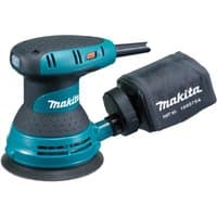 Blue and black Makita random orbital sander with dust bag and ergonomic grip handle.