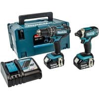 Makita cordless combo kit with blue drill, impact driver, two batteries, charger, and blue carrying case.