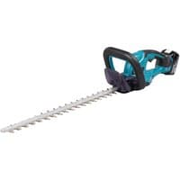Makita Power Hedge Trimmer with teal body, black handle, and dual silver blades.