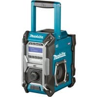 Makita radio receiver in black, blue, and grey with a digital display, rugged casing, and carrying handle.