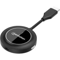 Black Manhattan 1080p wireless HDMI display adapter with round dongle and short HDMI cable, glossy finish.