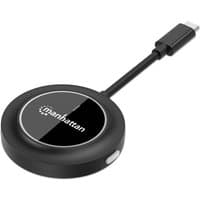 Black Manhattan 1080p wireless HDMI adapter with USB-C transmitter, round design, and attached cable.