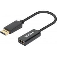 Black Manhattan DisplayPort to HDMI adapter, 15cm cable, male DP with latch to female HDMI, supports 4K@60Hz.