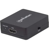 Black Manhattan HDMI splitter, 2 ports, USB-A powered, compact square design with logo on top.