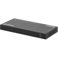 Black Manhattan HDMI splitter, 4-port, with downscale button, includes micro-USB to USB-A power cable.