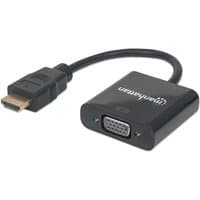 Black Manhattan HDMI to VGA converter cable, 30cm, with micro-USB power port, male to female connectors, 1080p support.