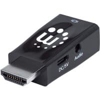 Black Manhattan HDMI to VGA converter with audio port, micro-USB power input, and white logo on top.