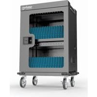 Gray Manhattan charging cart with 32 bays, USB-C ports, transparent door, and four caster wheels.