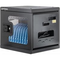 Black Manhattan 10-bay laptop charging cabinet with transparent side panel and AC adapter slots.