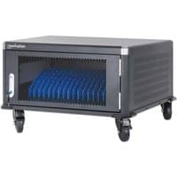 Black Manhattan laptop charging cart with lockable door, 20 bays, mesh front, and four caster wheels.