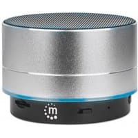 Silver Manhattan Bluetooth speaker, splashproof, with microSD slot, Aux 3.5mm port, USB-A charging, and black base.