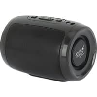 Black cylindrical Manhattan Mini Boombox Bluetooth speaker with integrated controls and side speaker grille.