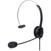 Black Manhattan mono over-ear USB headset with padded microphone boom, adjustable headband, and in-line volume control.