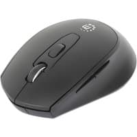 Black Manhattan MW6020 wireless mouse with six buttons, scroll wheel, top-mount DPI button, USB-A nano receiver.