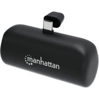 Black Manhattan power bank, 5000 mAh, with integrated USB-C plug and kickstand, compact design, white logo.