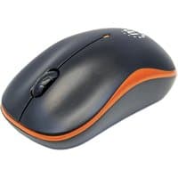Black and orange wireless mouse with scroll wheel, three buttons, and USB micro receiver, sleek ergonomic design.