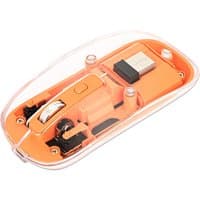 Transparent orange wireless mouse with RGB LED, adjustable DPI, four buttons, scroll wheel, slim design, USB receiver.