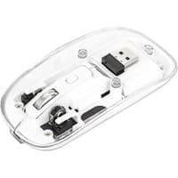 Clear/white Manhattan wireless mouse, slim design, RGB LED, four buttons, scroll wheel, USB-A micro receiver included.